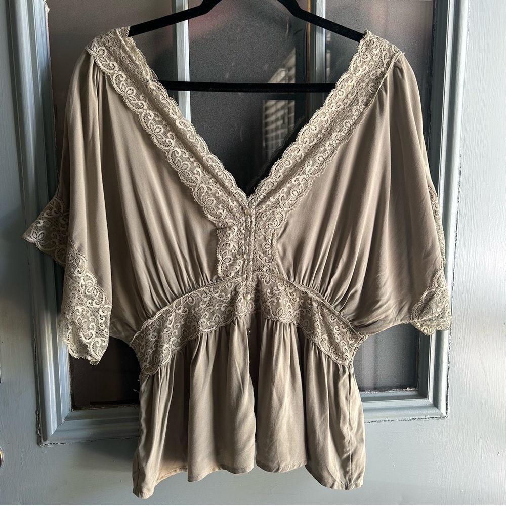 Coquette Style Lace Flowy Boho Peplum Cinch Dressy Olive Green Girly Top size XL